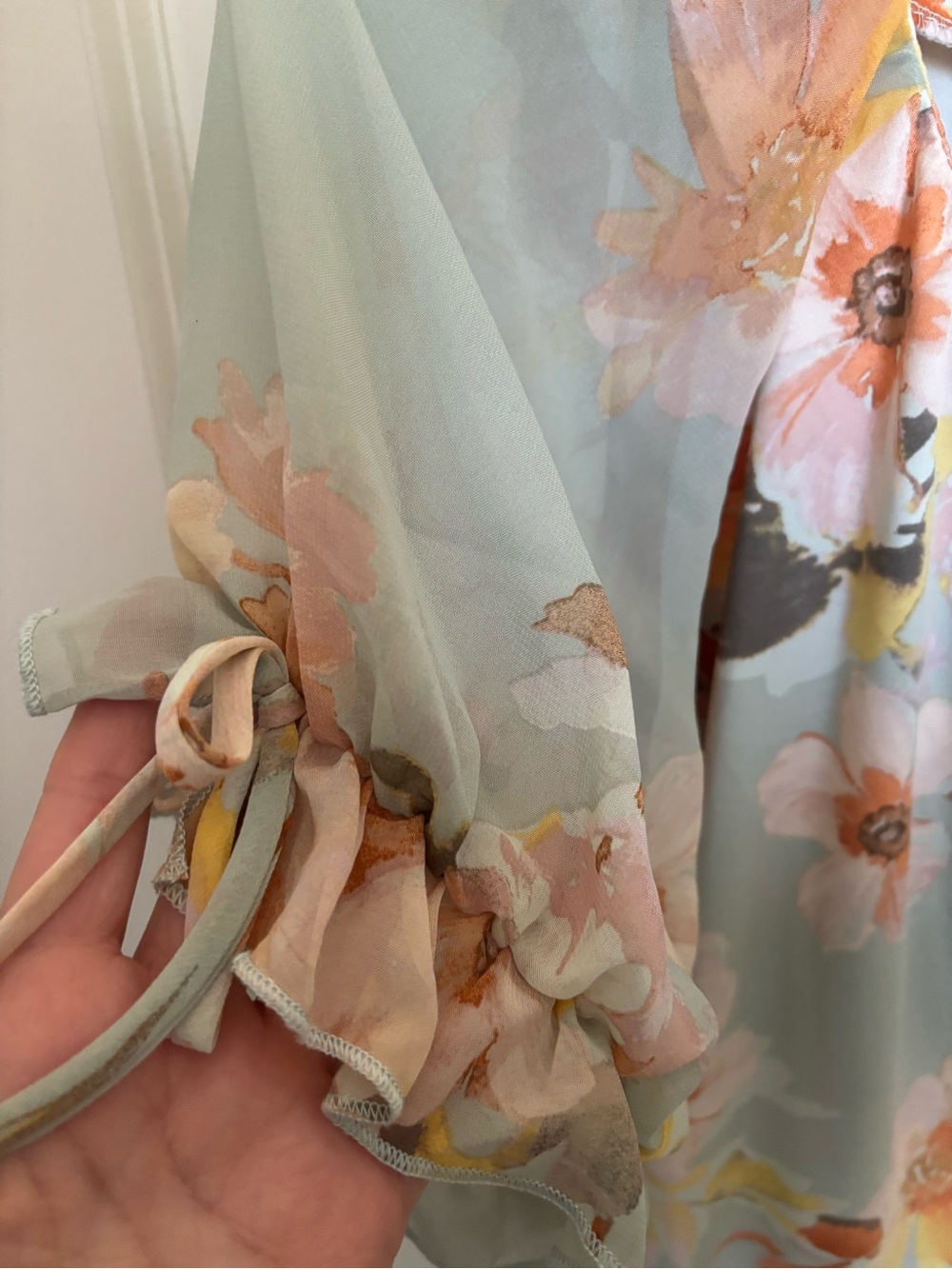 PerSeption Concept Sage Green and Orange Floral Tie-Neck Blouse - Picture 2 of 3